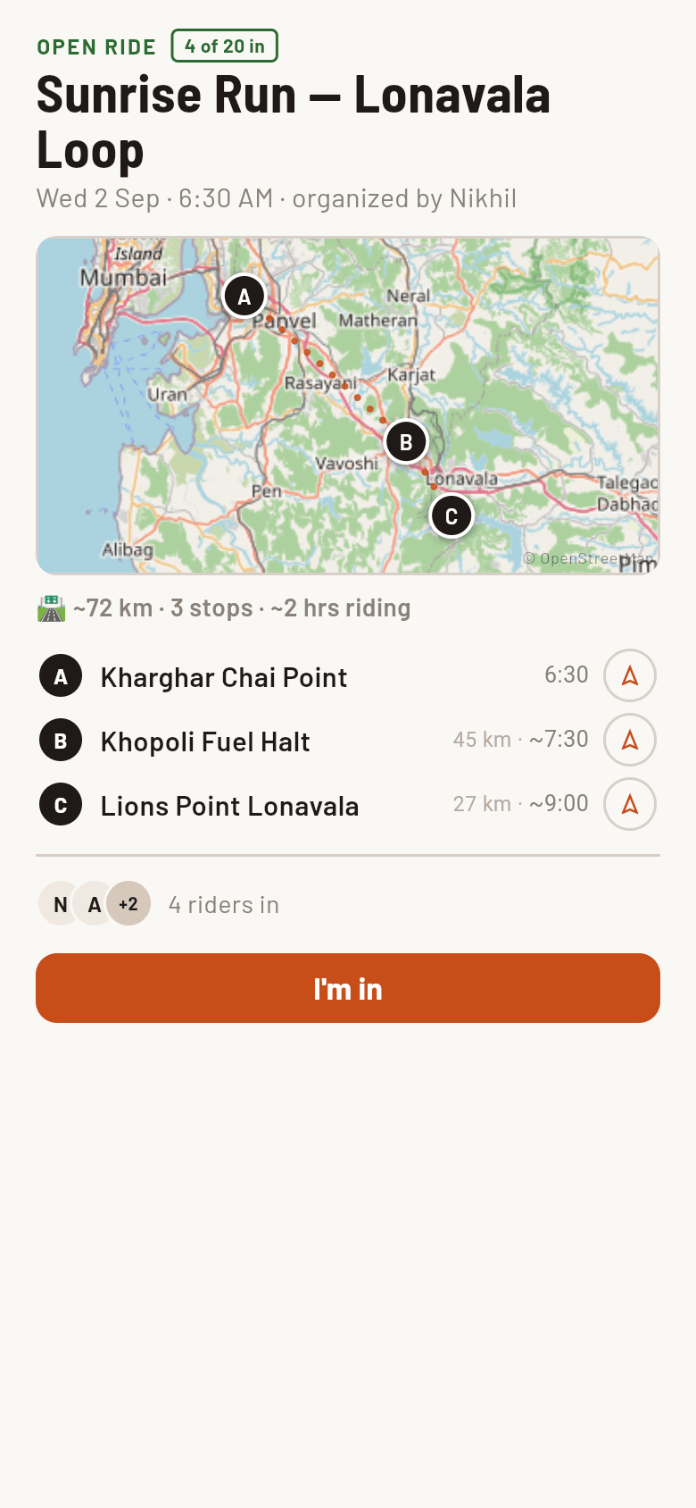 A real Fulltank invite page: Sunrise Run — Lonavala Loop, an open ride with the route map, stops A to C with times, four riders in, and one orange I'm-in button.