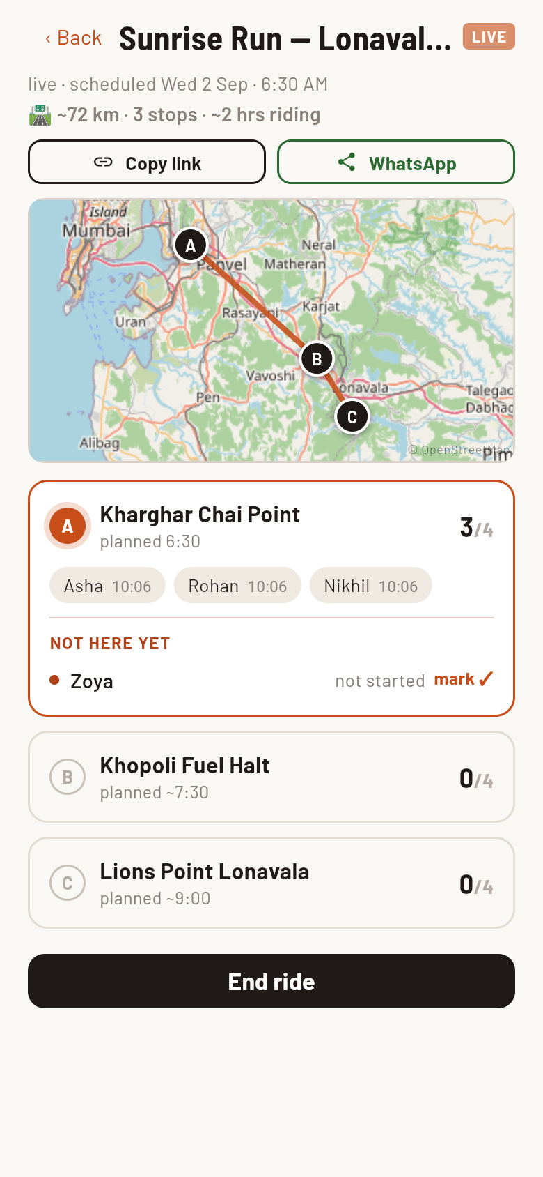 The organizer live view: ride marked LIVE, route map, stop A Kharghar Chai Point with 3 of 4 reached and rider check-in times, Zoya listed under not here yet.